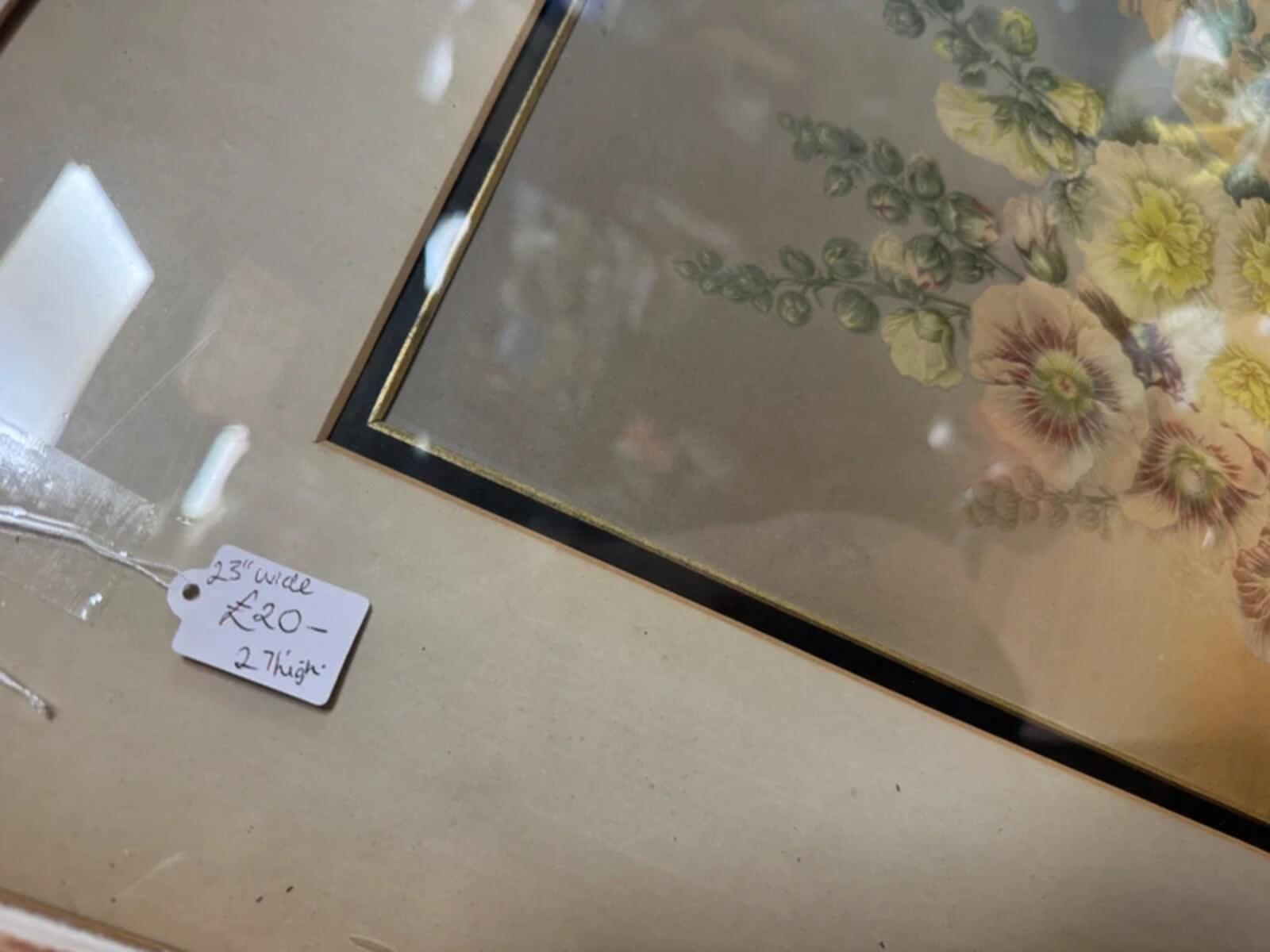 Vintage George Baxter 'Hollyhocks' Walnut Framed Print