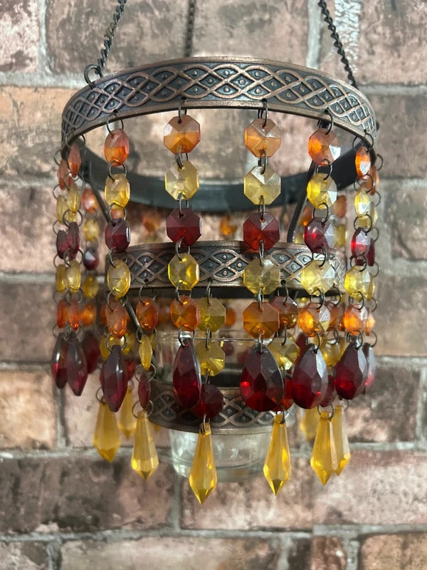 Bronzed Metal Hanging Beaded Tealight Holder