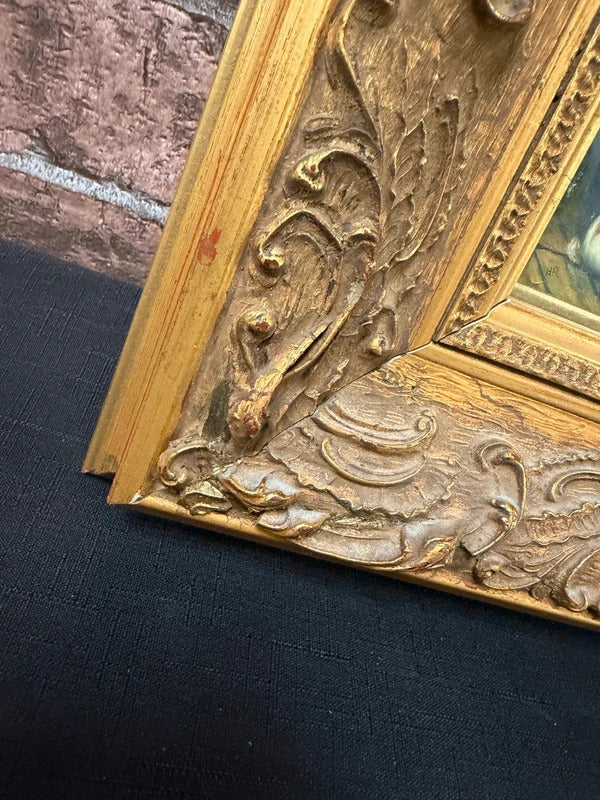 Vintage Bunny Oil Painting in Guilded Gold Wooden Frame