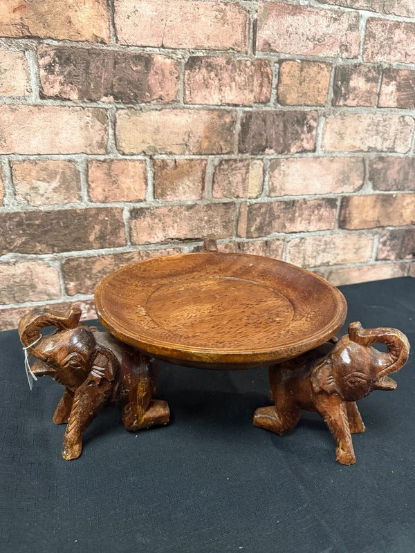 Hand Carved Round Wooden Fruit Bowl/Elephant Base