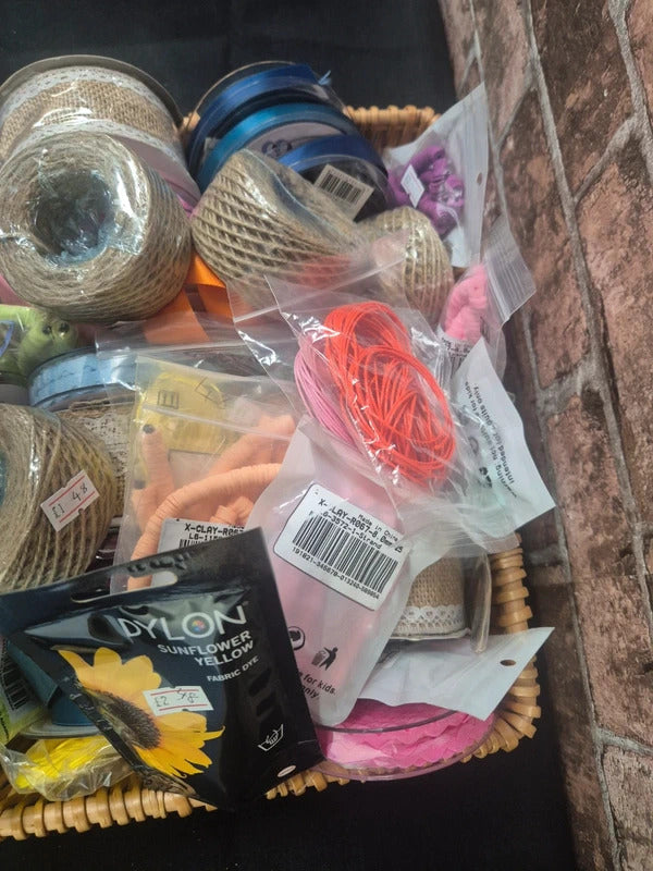 Large Bundle of Craft Items: Ribbon, Twine, Hessian, Dye and Clay Beads