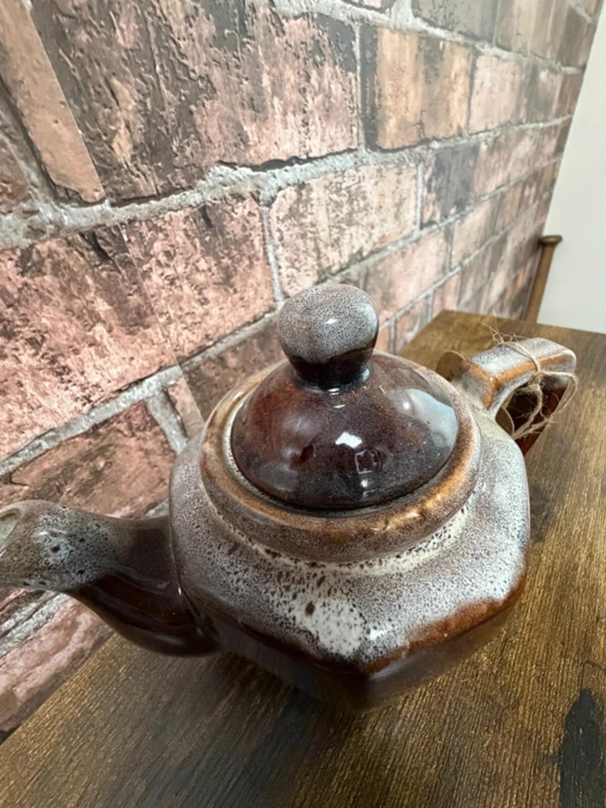 Vintage Brown Drip Glaze Redware Teapot
