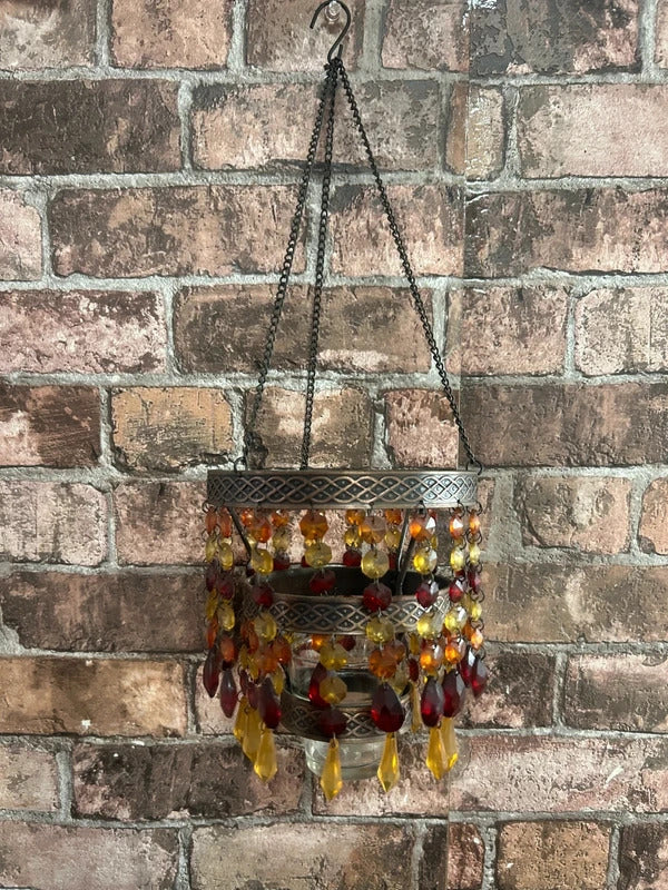 Bronzed Metal Hanging Beaded Tealight Holder