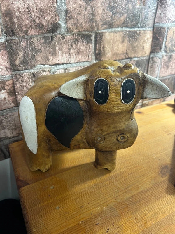 Handmade Solid Wood Cow Figurine