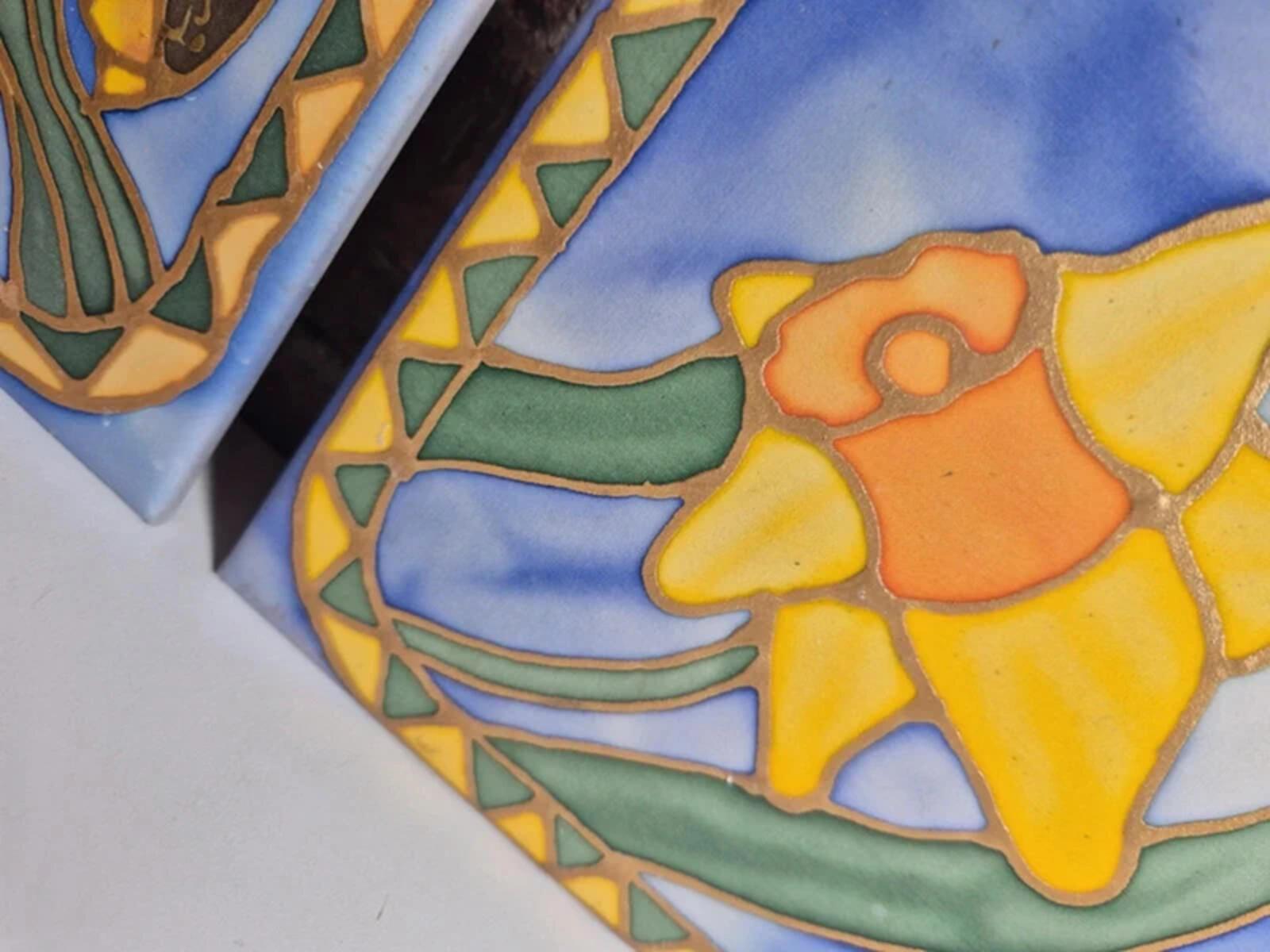 Pair of hand painted silk tiles