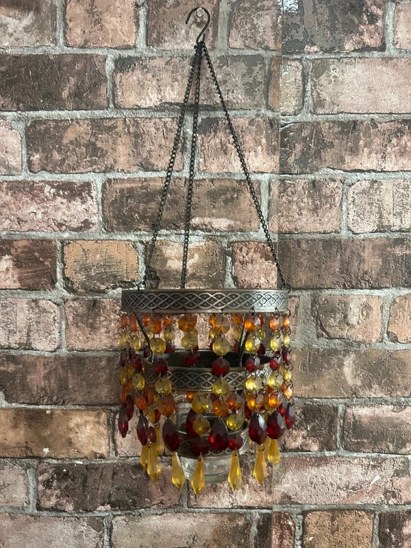 Bronzed Metal Hanging Beaded Tealight Holder