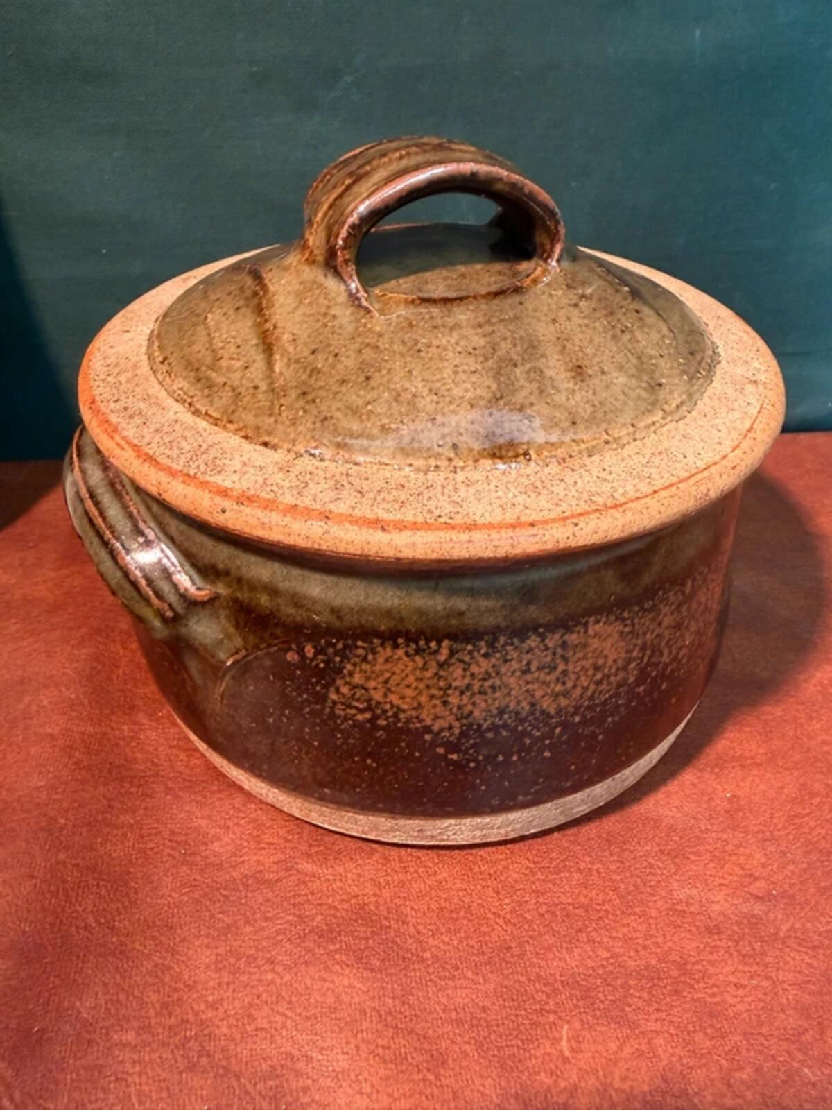 Green and Brown Stoneware Dish with Lid