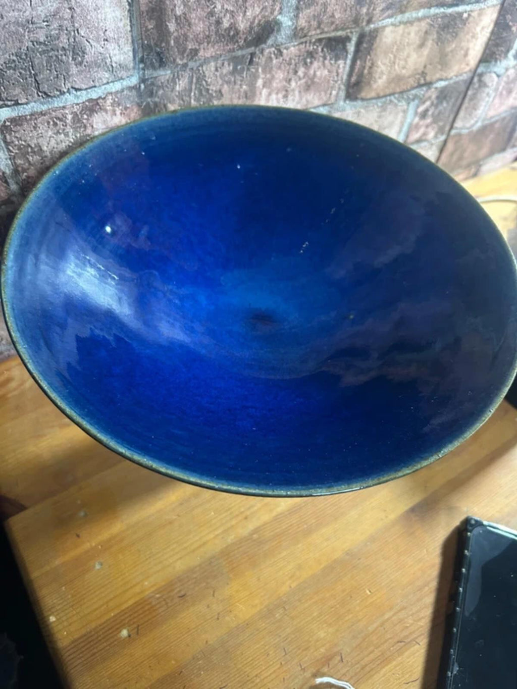 Tall Blue Ceramic and Metal Frosted Footed Bowl