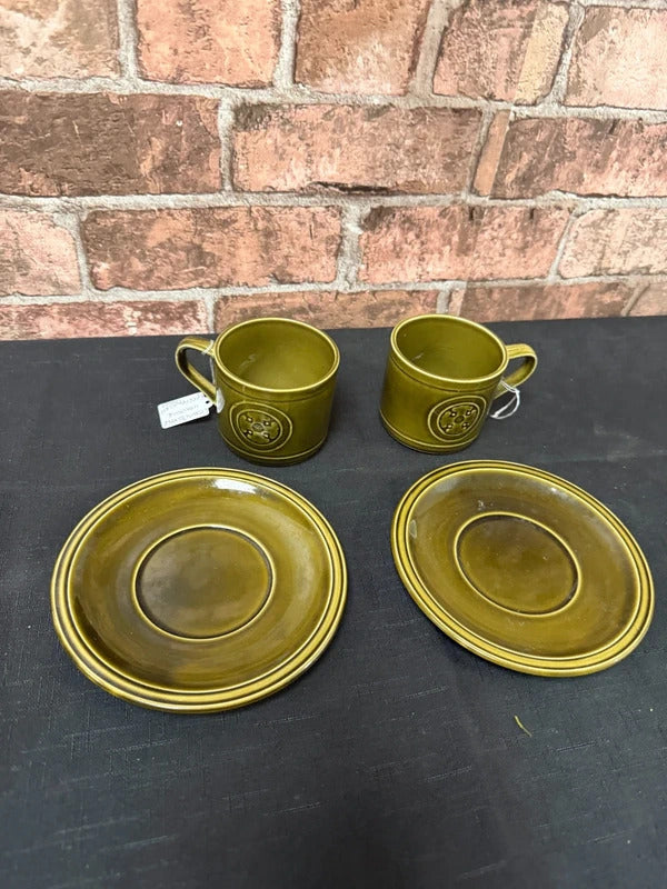 Crown Clarence Ironstone Green Cup and Saucer x 2 Set