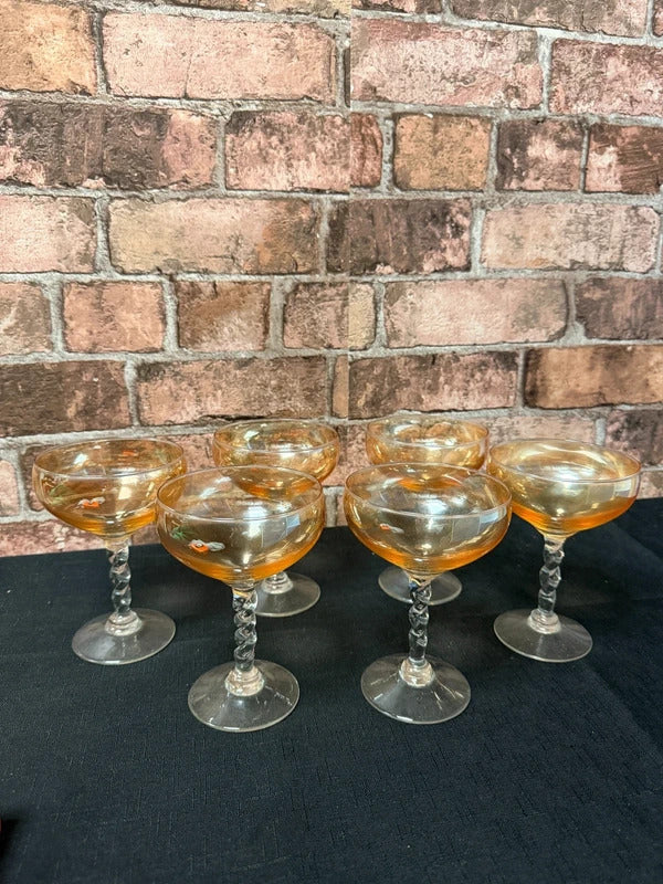 Vintage Peach Lustre Twisted Stem Glasses x 6