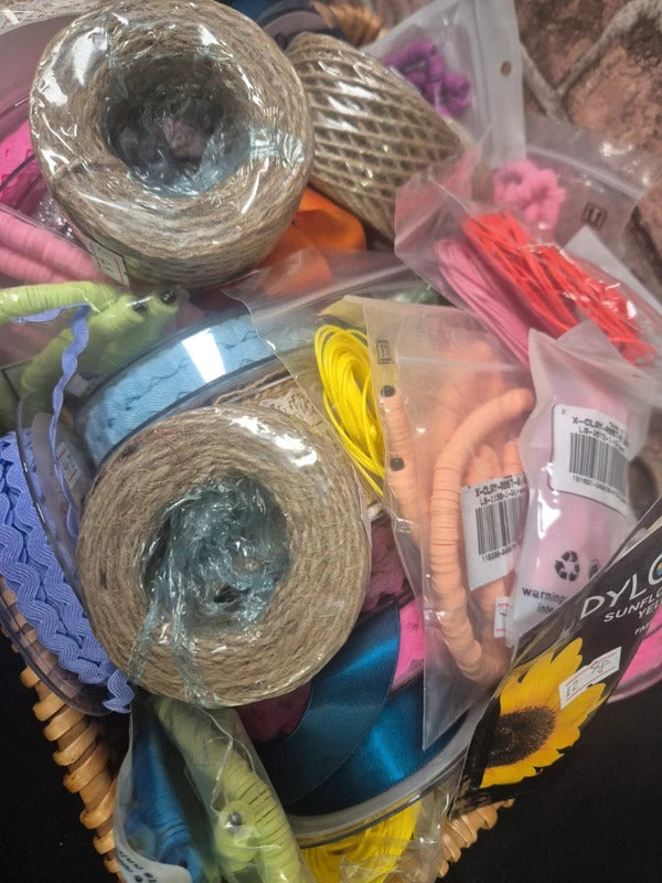 Large Bundle of Craft Items: Ribbon, Twine, Hessian, Dye and Clay Beads