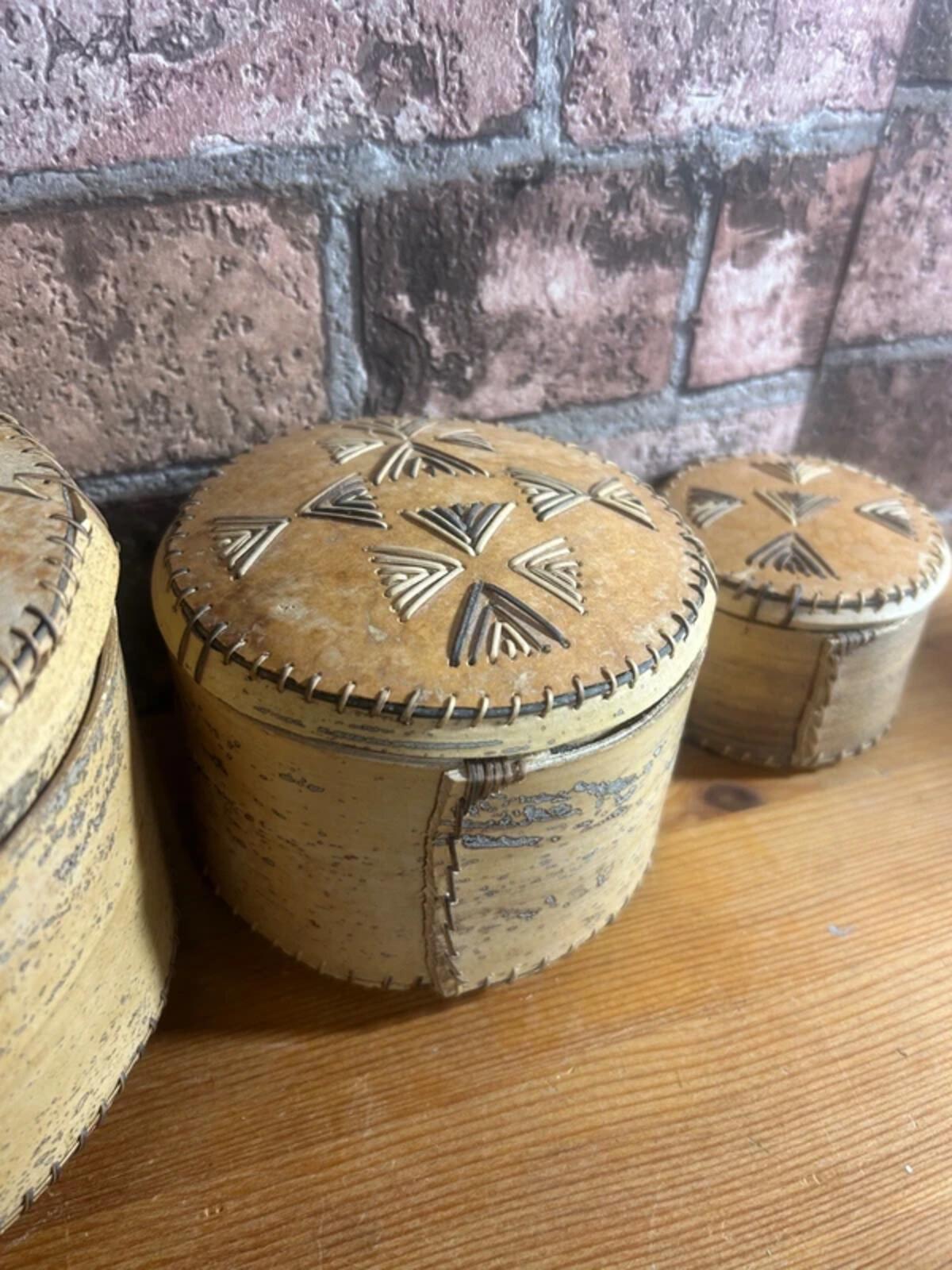 Set of Three Russian Hand Carved Birch Bark Boxes