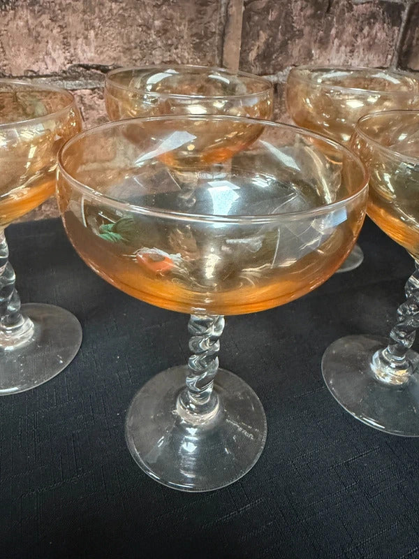 Vintage Peach Lustre Twisted Stem Glasses x 6
