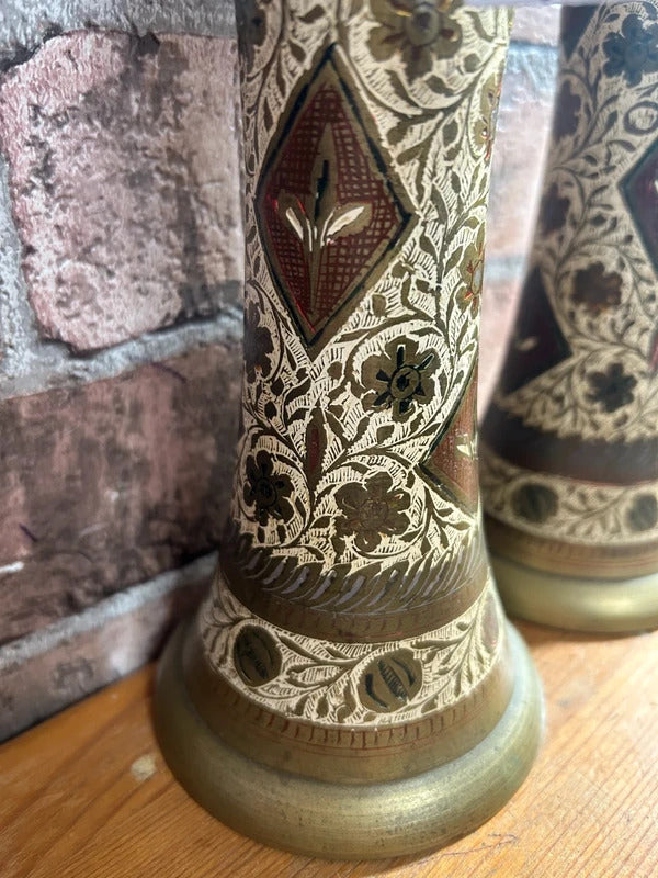 Pair of Brass Etched Floral Vases