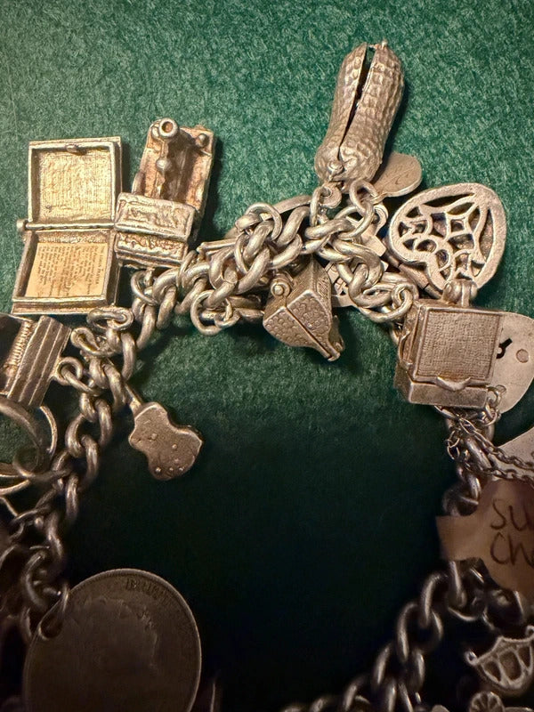 Antique Sterling Silver Charm Bracelet - 89.1g