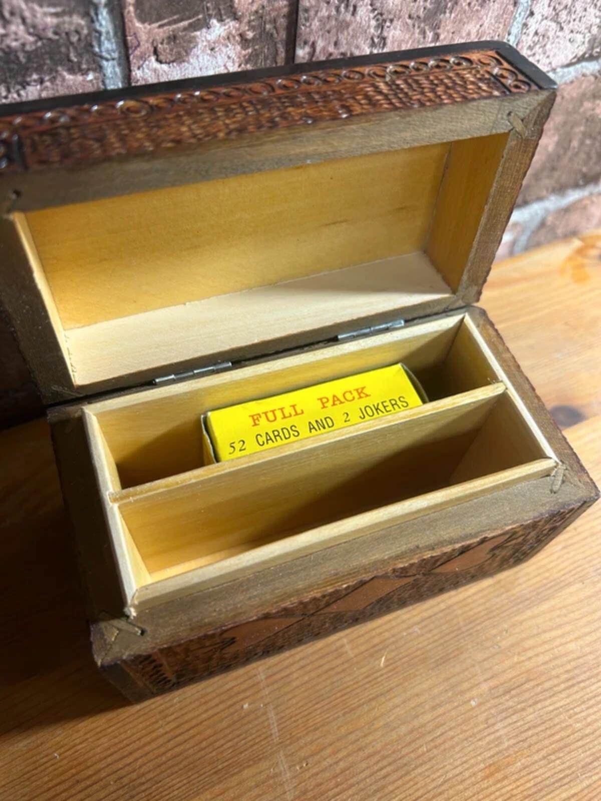 Vintage Wooden Carved Playing Cards Box