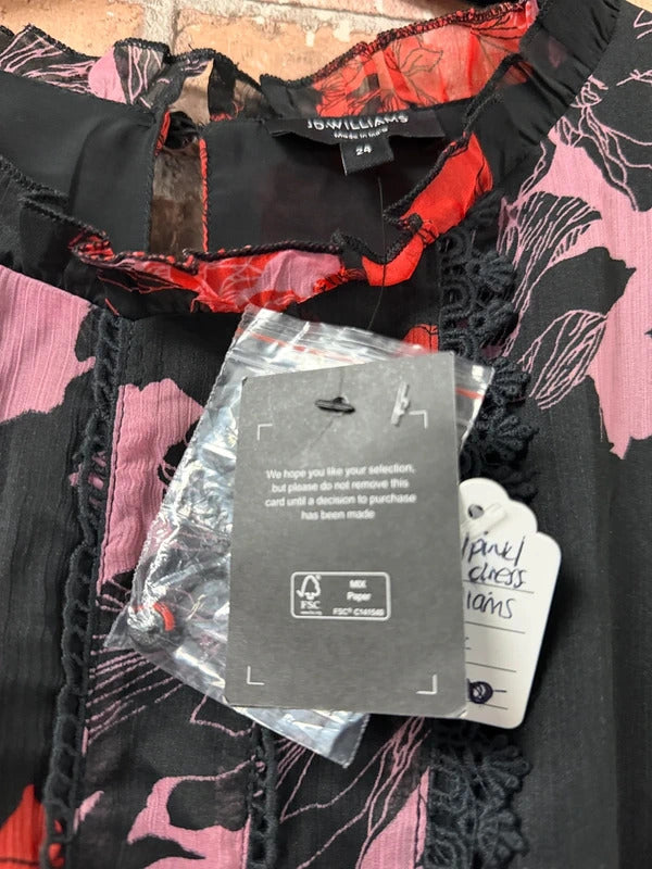 JD Williams Pink, Red and Black Floral Midi Dress - Size 24