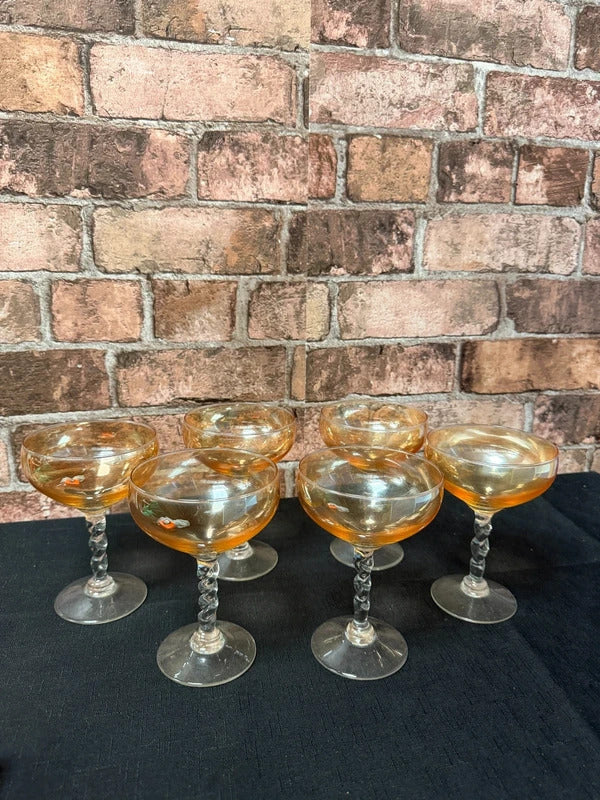 Vintage Peach Lustre Twisted Stem Glasses x 6