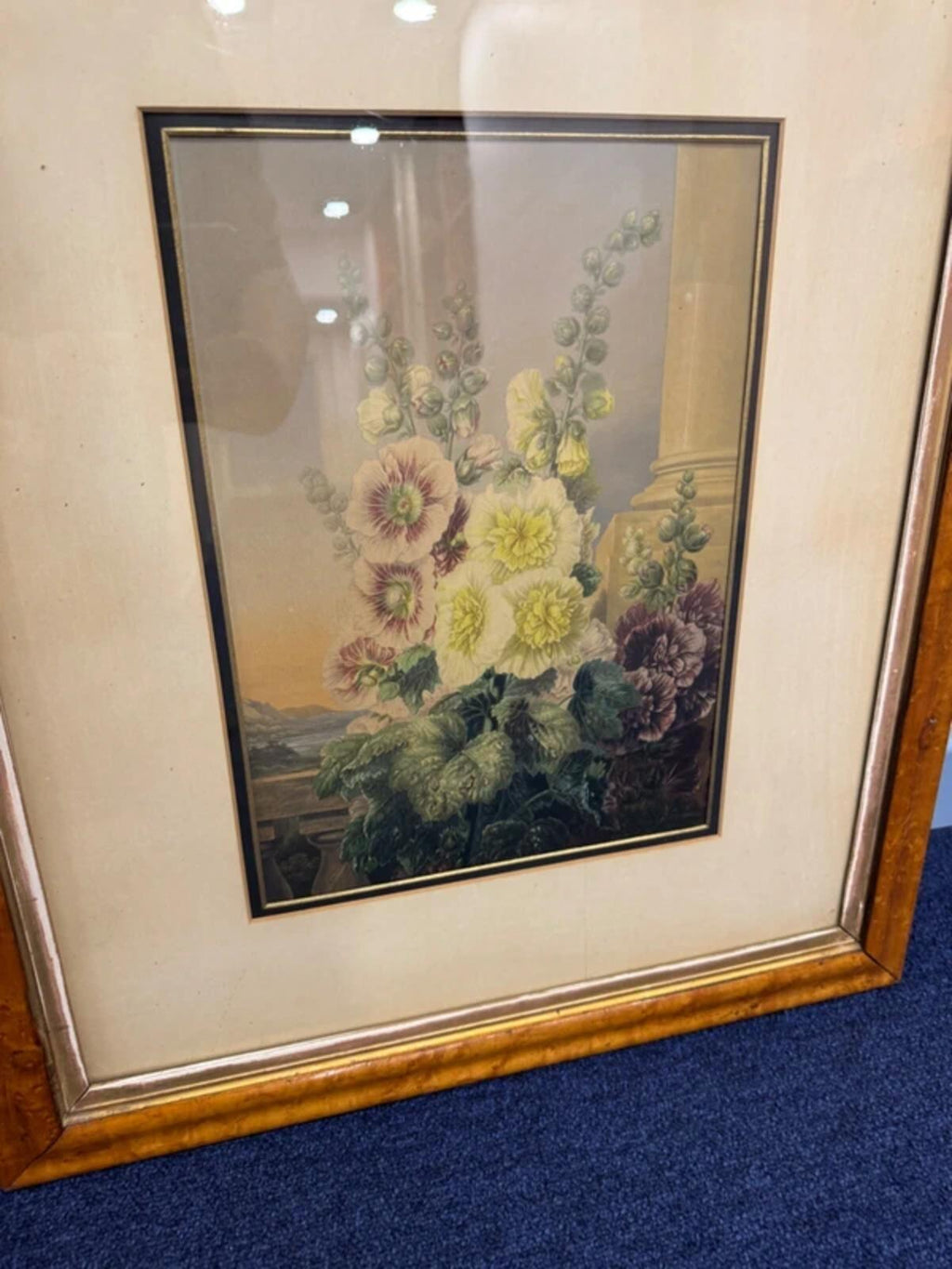 Vintage George Baxter 'Hollyhocks' Walnut Framed Print
