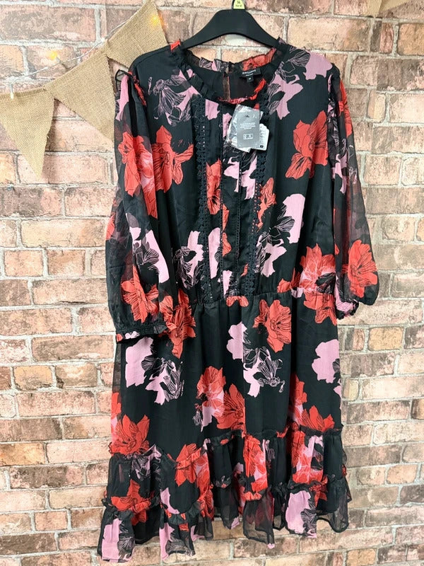 JD Williams Pink, Red and Black Floral Midi Dress - Size 24