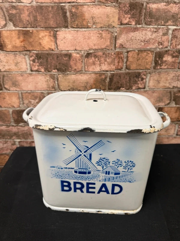 Vintage Blue and White Enamel Bread Bin