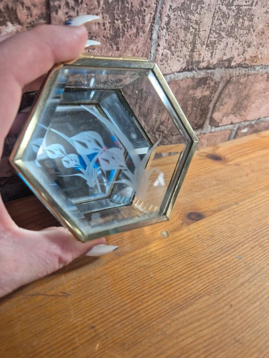 Vintage octagonal etched glass box