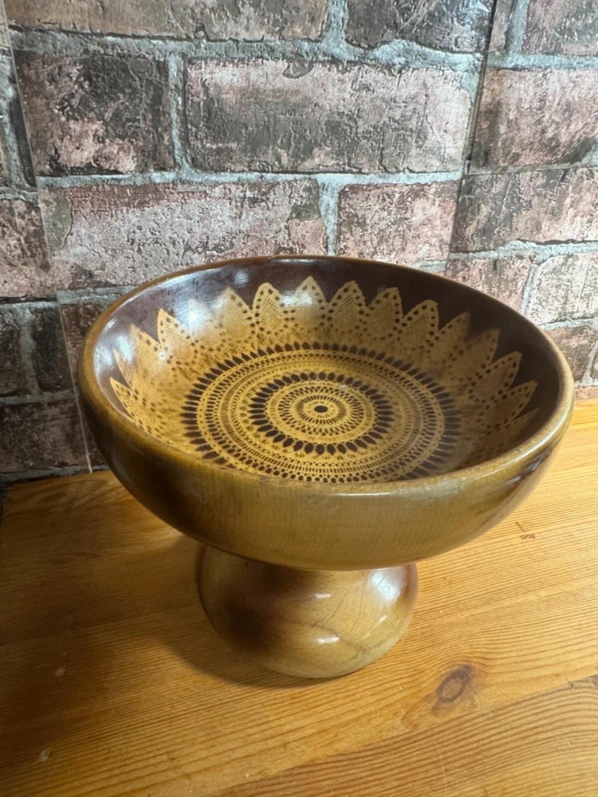 Vintage Wooden Patterned Boho Chic Tall Fruit Bowl