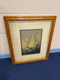Vintage George Baxter 'Hollyhocks' Walnut Framed Print