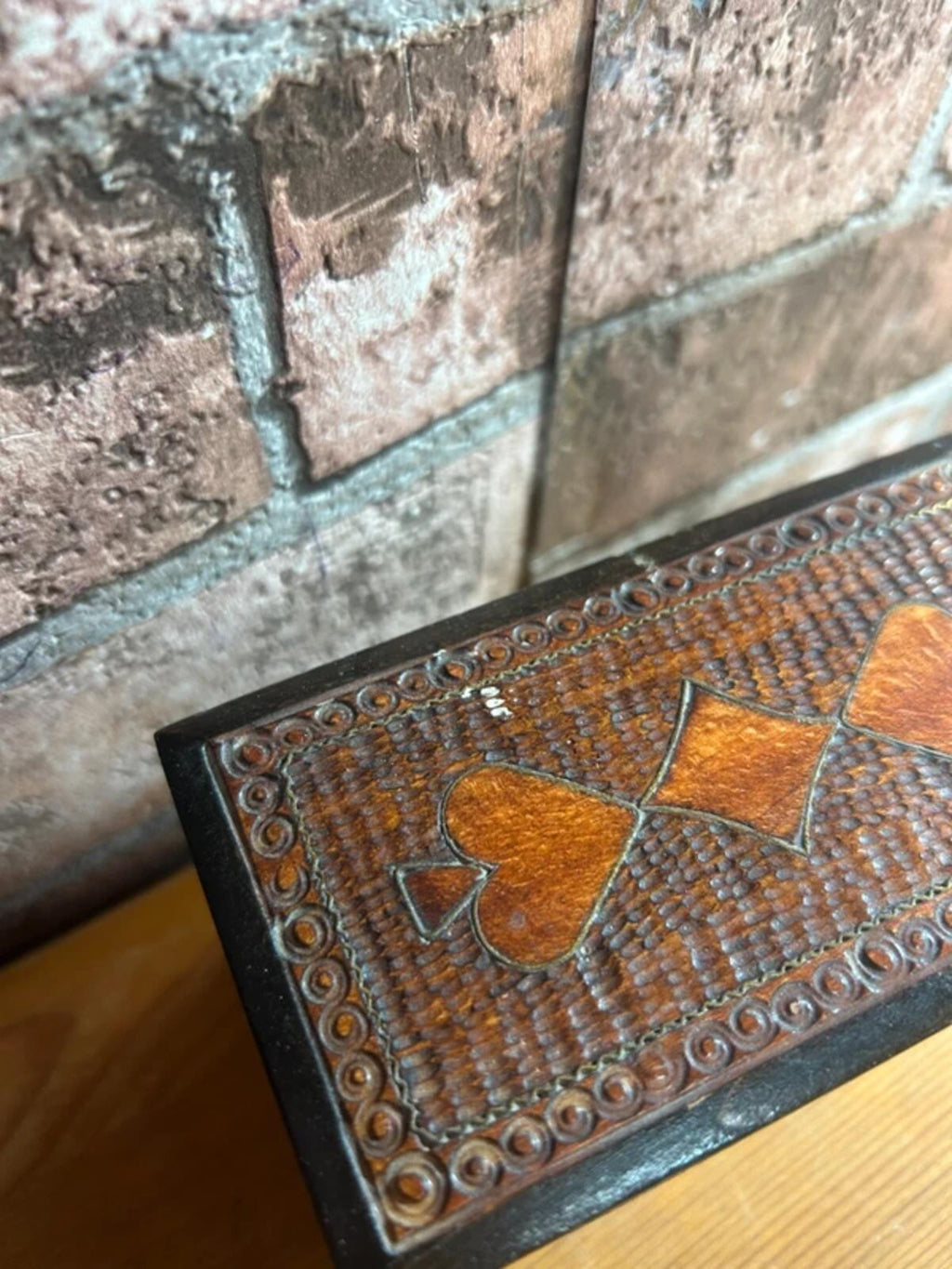 Vintage Wooden Carved Playing Cards Box