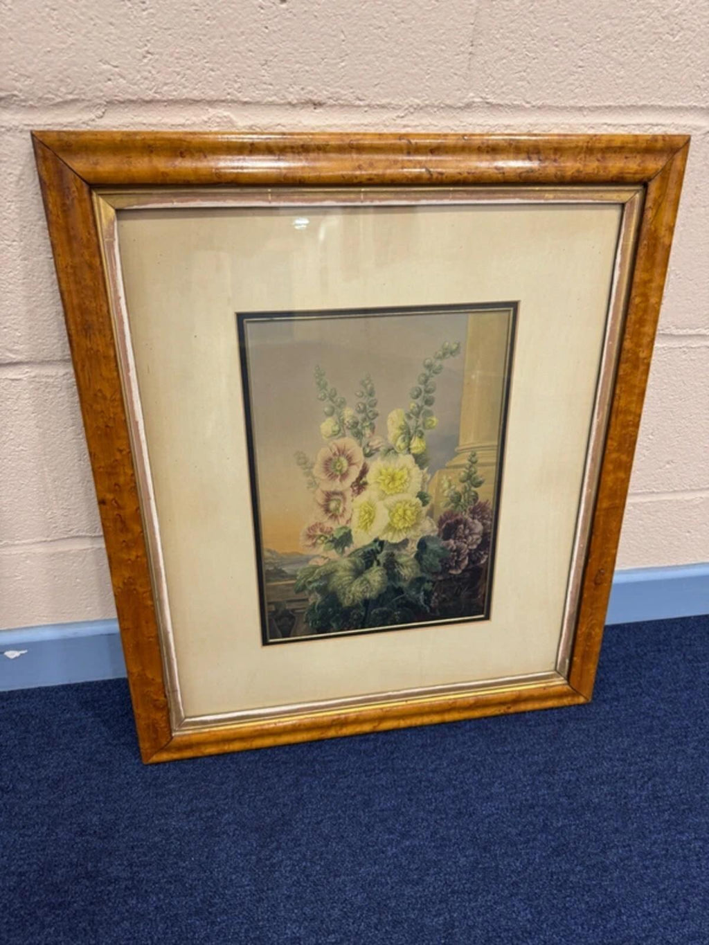 Vintage George Baxter 'Hollyhocks' Walnut Framed Print