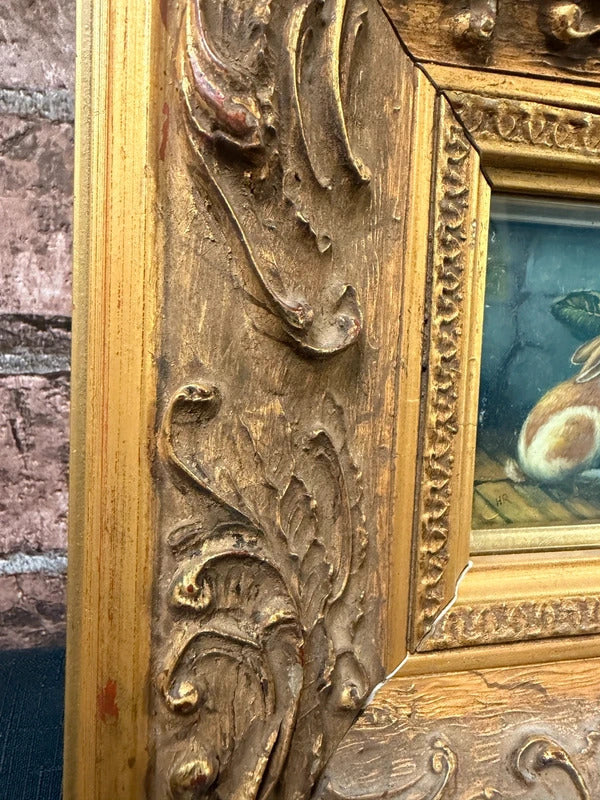 Vintage Bunny Oil Painting in Guilded Gold Wooden Frame