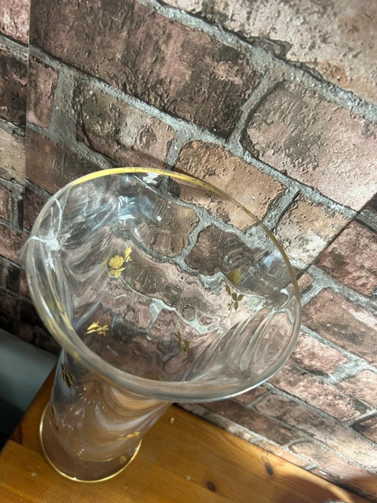 Vintage Gold Rimmed Floral Gold Glass Vase