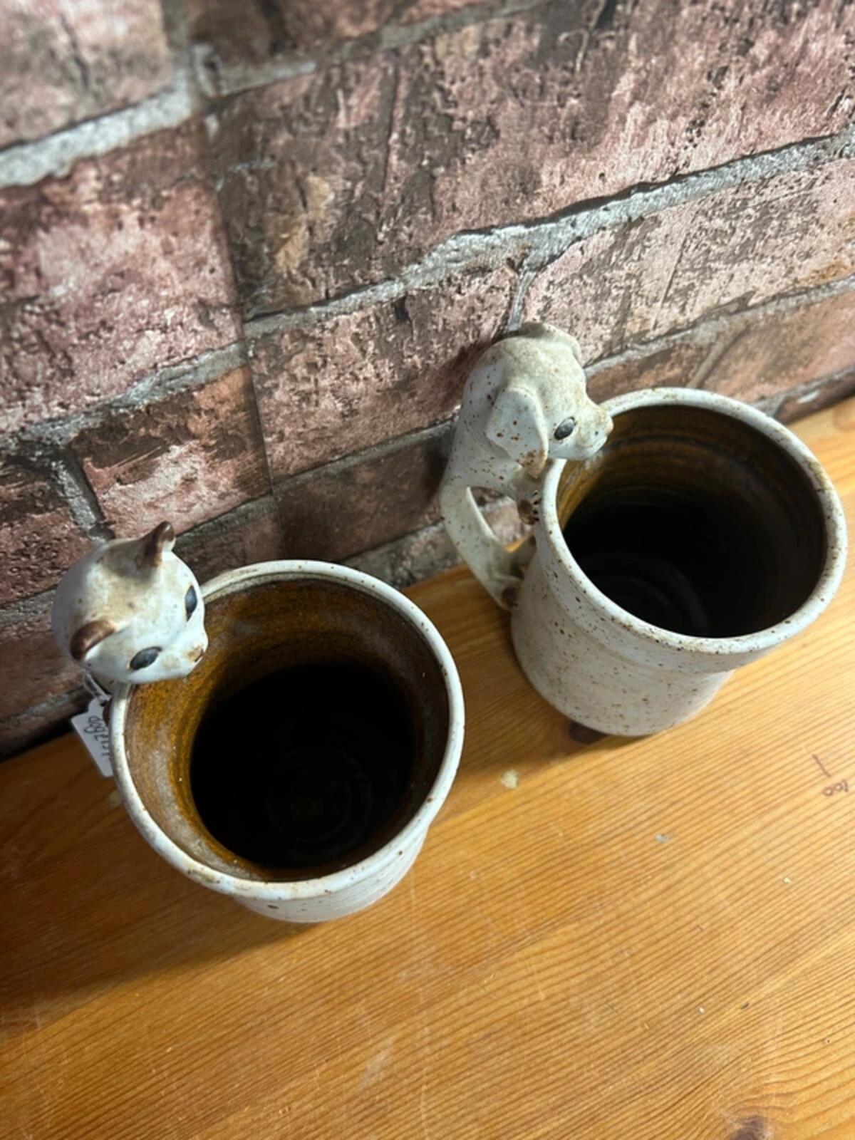 Pair of Stoneware Vintage Cat and Dog Mugs