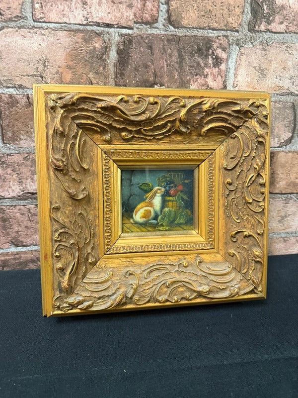 Vintage Bunny Oil Painting in Guilded Gold Wooden Frame