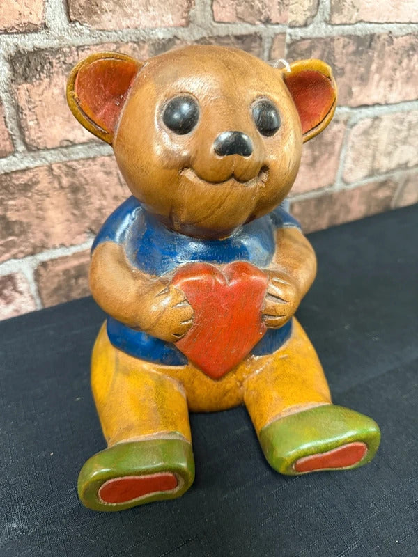 Vintage Hand Carved Wooden Folk Art Teddy