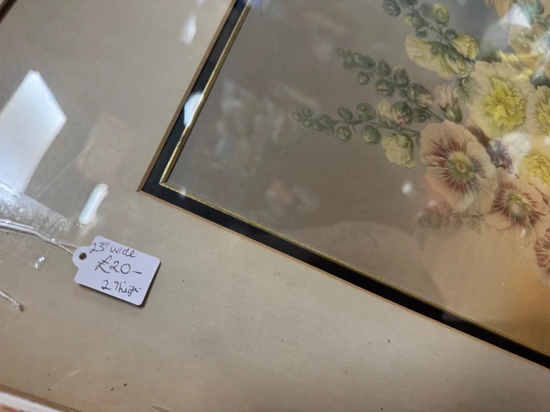 Vintage George Baxter 'Hollyhocks' Walnut Framed Print