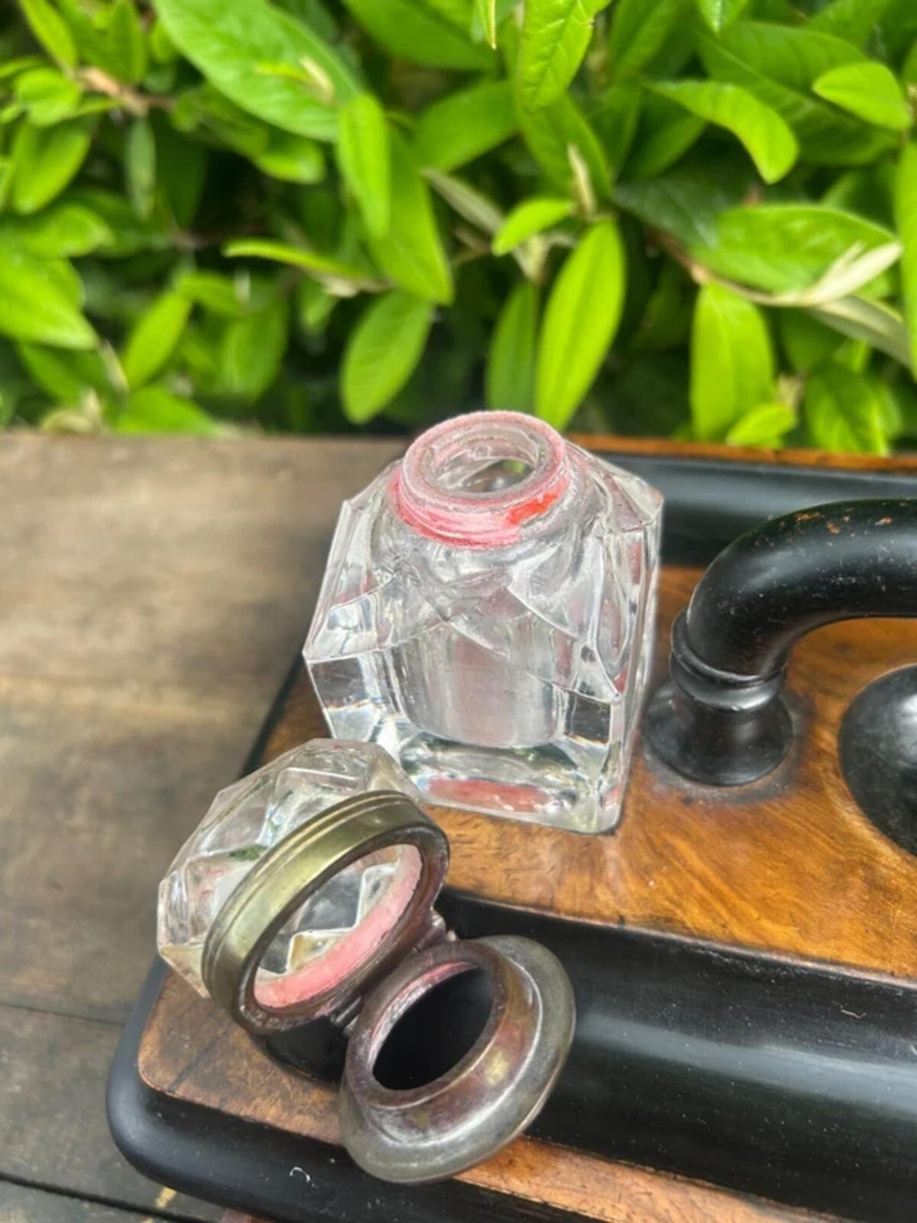 Victorian Walnut Ink Stand and Two Bottles