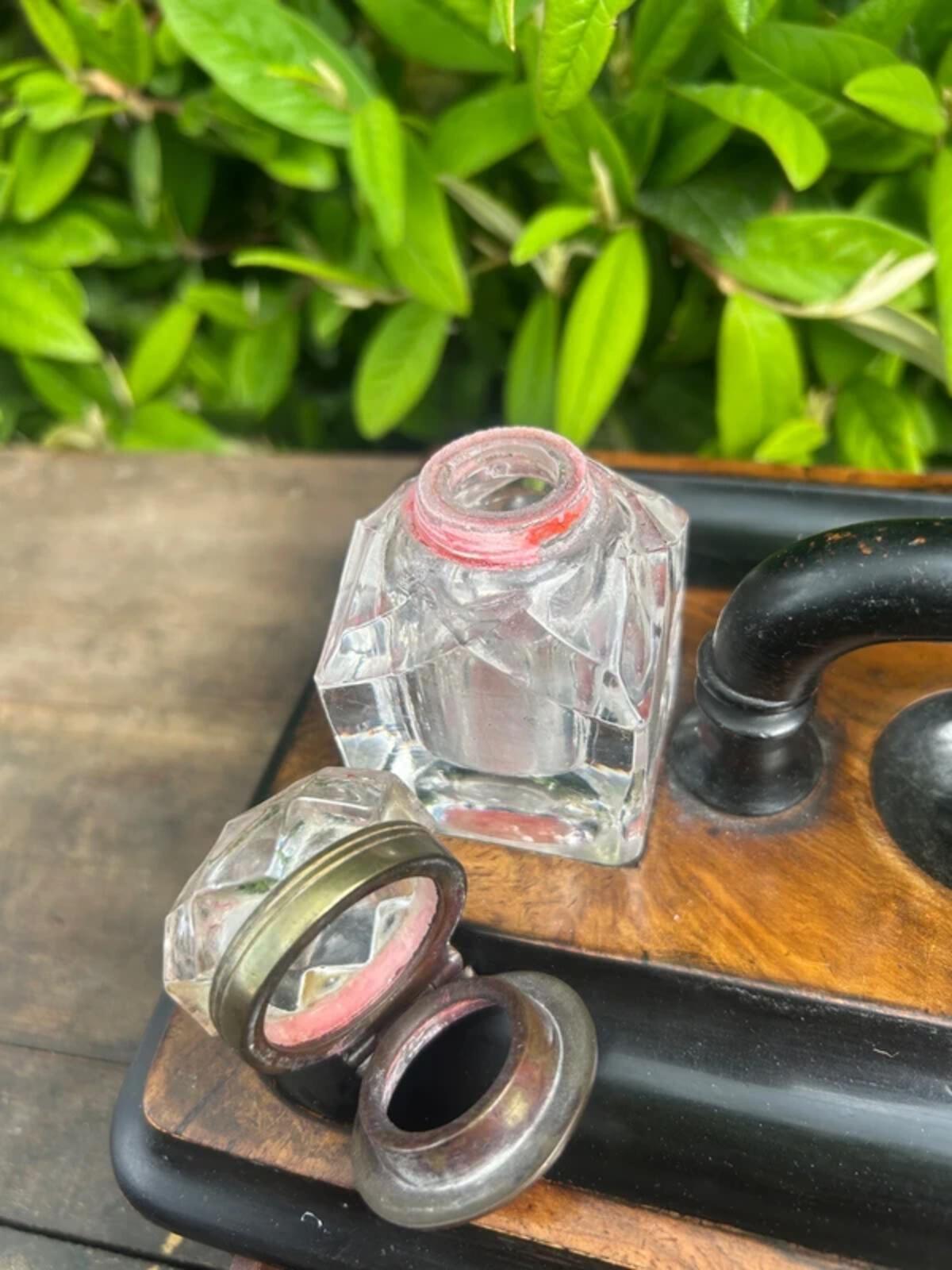 Victorian Walnut Ink Stand and Two Bottles