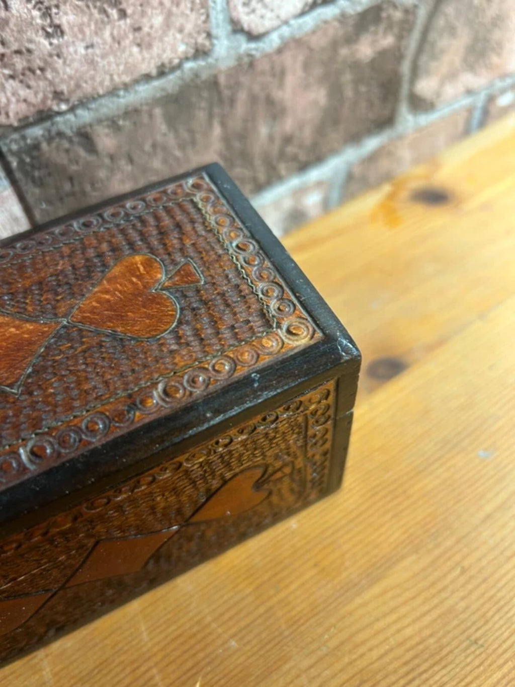 Vintage Wooden Carved Playing Cards Box