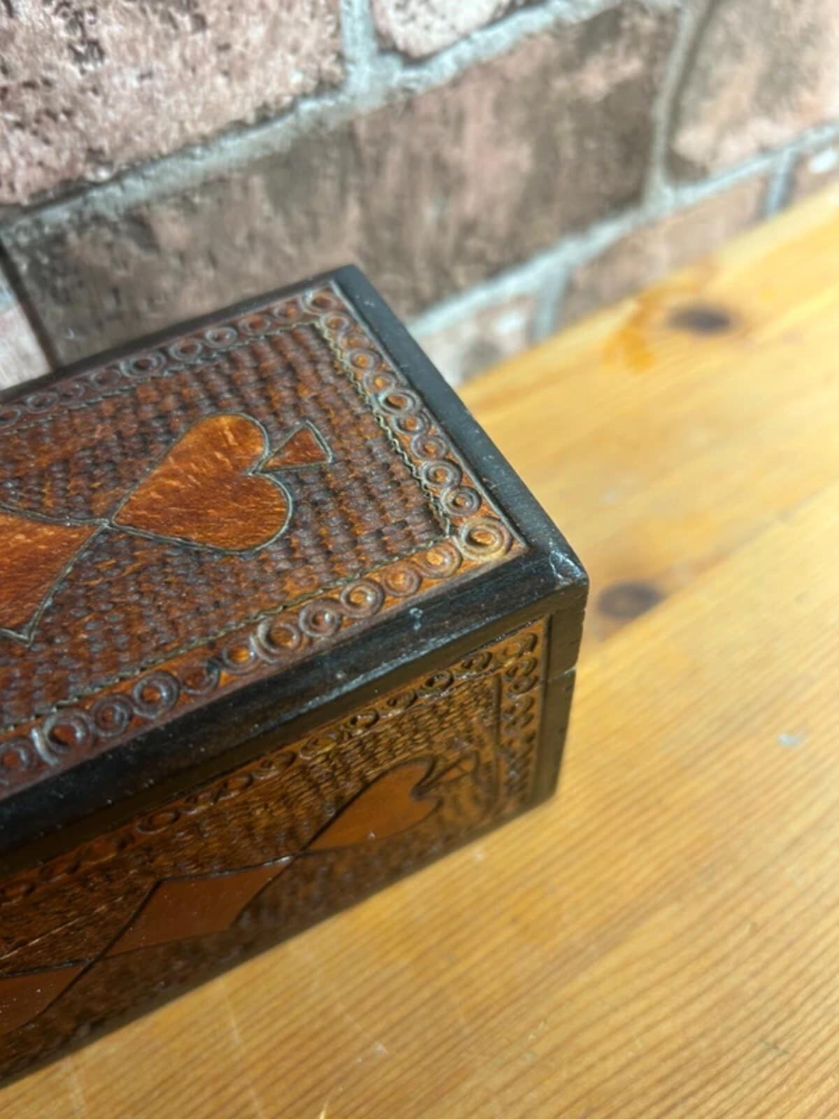 Vintage Wooden Carved Playing Cards Box