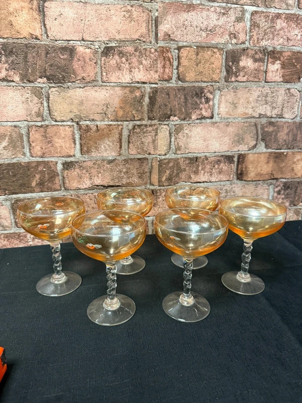 Vintage Peach Lustre Twisted Stem Glasses x 6