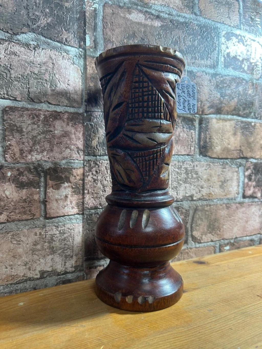Vintage Hand Carved Wooden Vase (Floral Leaf Design)