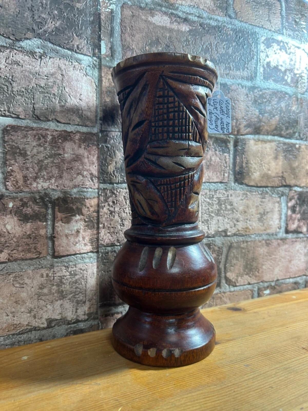 Vintage Hand Carved Wooden Vase (Floral Leaf Design)