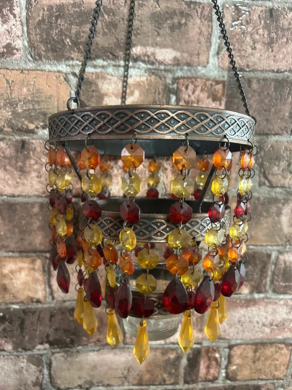 Bronzed Metal Hanging Beaded Tealight Holder