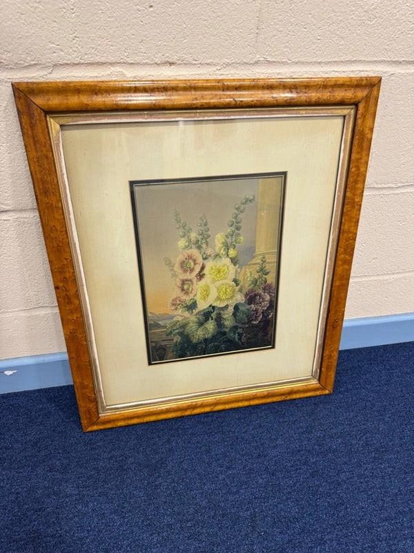 Vintage George Baxter 'Hollyhocks' Walnut Framed Print