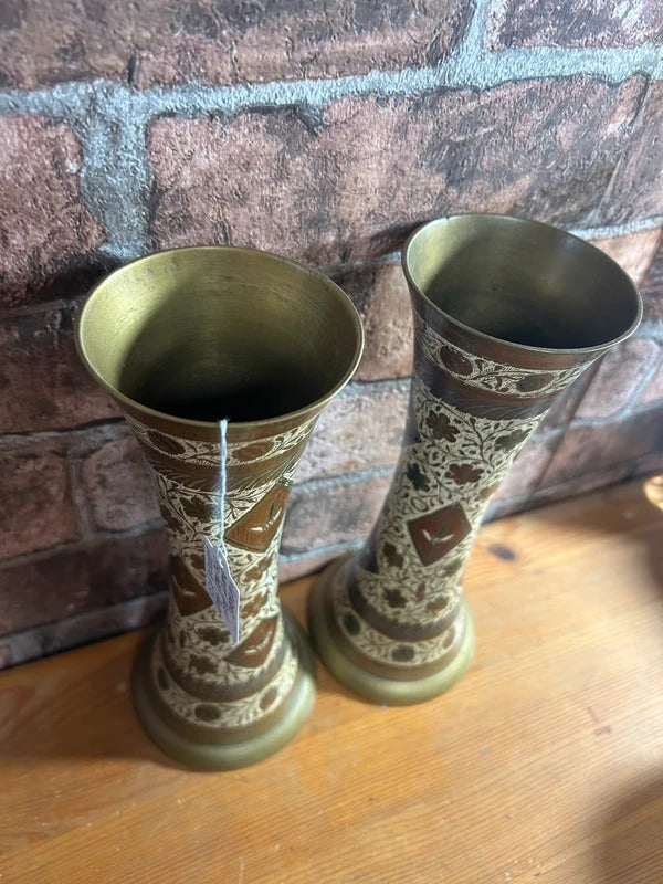 Pair of Brass Etched Floral Vases