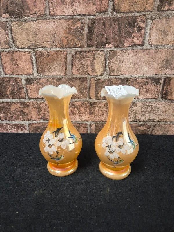 Pair of irridecent peach stem vases