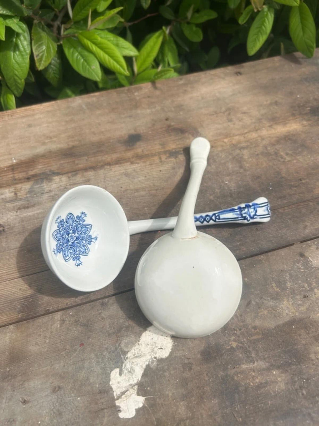 Pair of Vintage Ceramic Blue and White Tudor Pattern Ladles