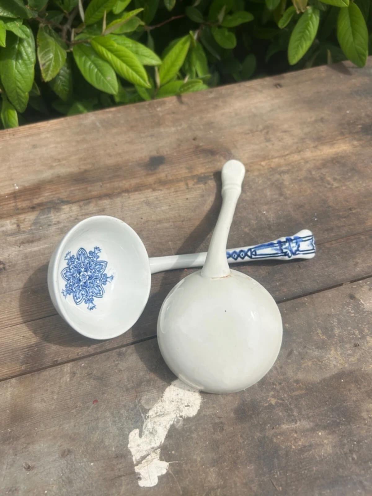 Pair of Vintage Ceramic Blue and White Tudor Pattern Ladles
