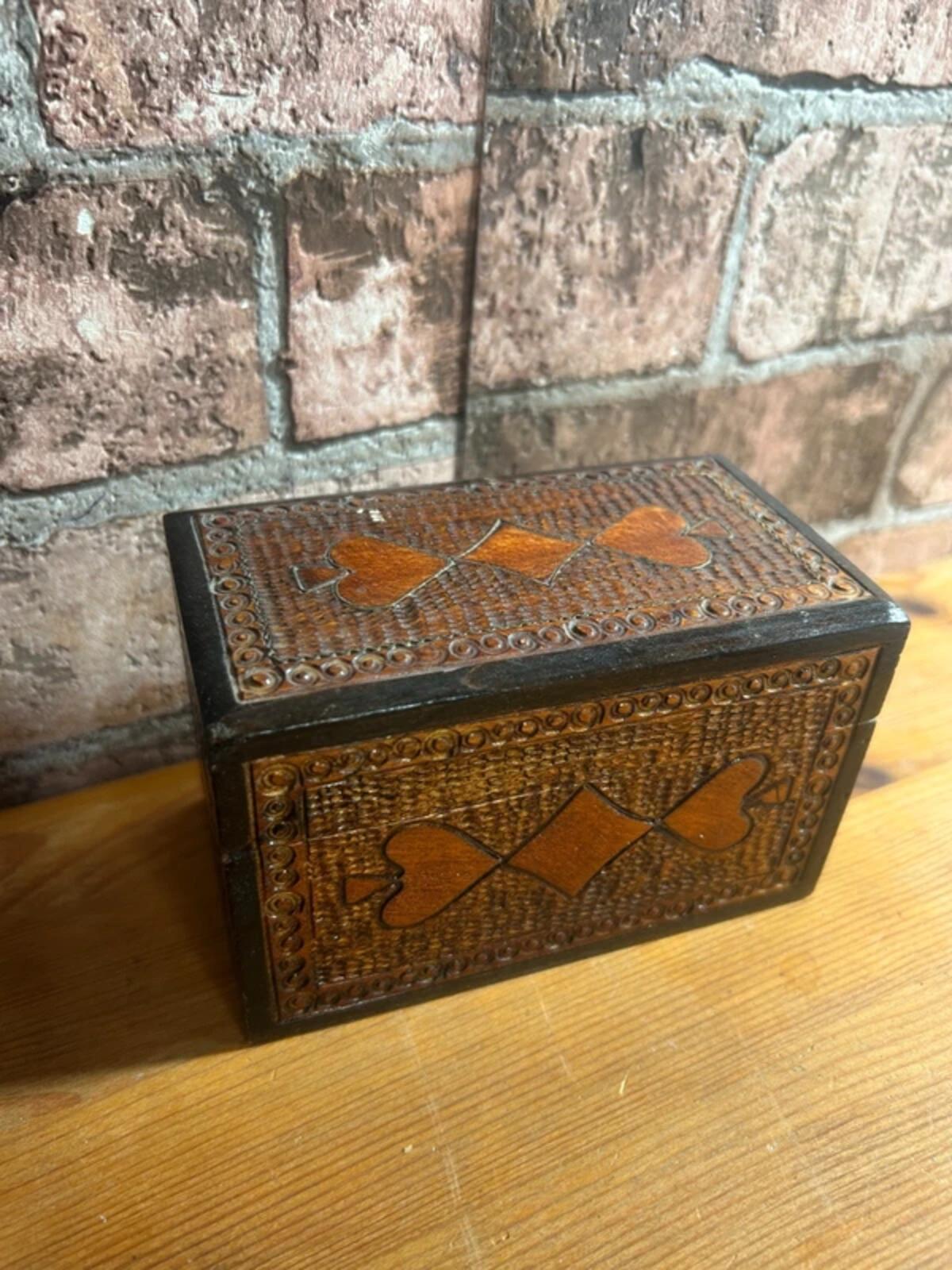 Vintage Wooden Carved Playing Cards Box